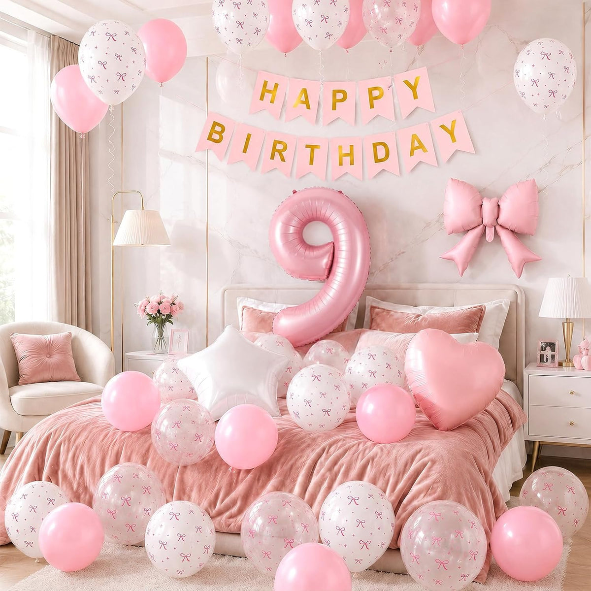 1st Pink Bow Birthday Decorations for Girls,Pink White Bow Latex Balloons