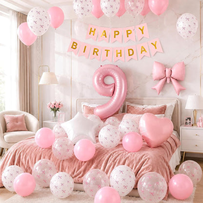 1st Pink Bow Birthday Decorations for Girls,Pink White Bow Latex Balloons