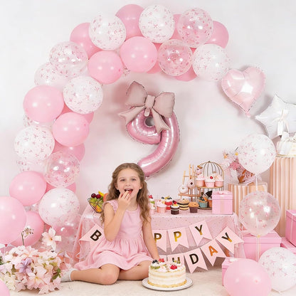 1st Pink Bow Birthday Decorations for Girls,Pink White Bow Latex Balloons