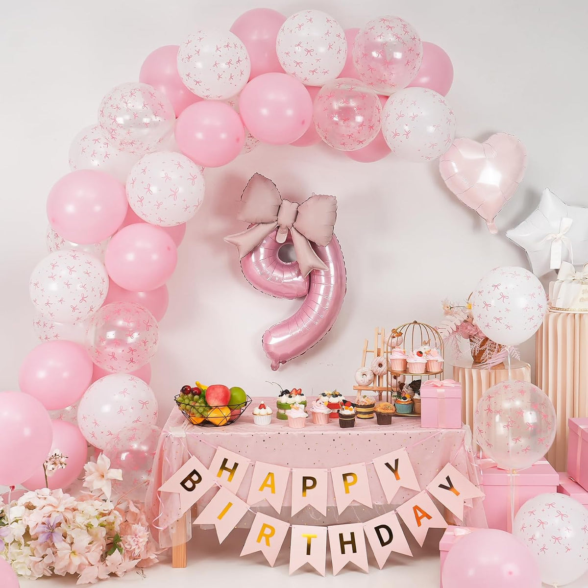 1st Pink Bow Birthday Decorations for Girls,Pink White Bow Latex Balloons