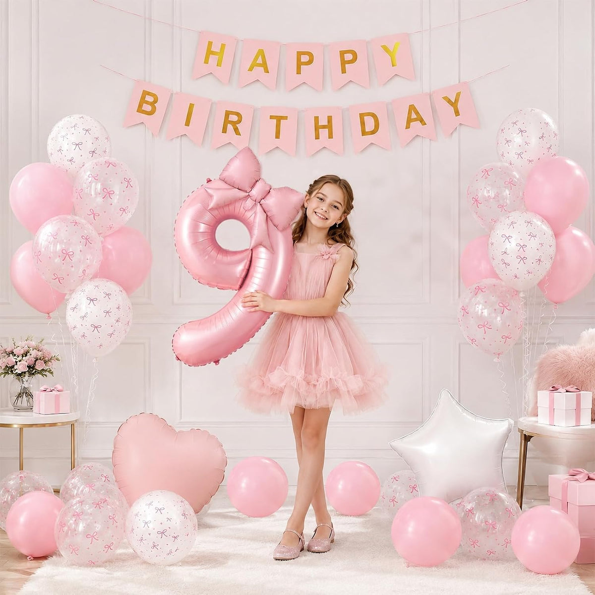 1st Pink Bow Birthday Decorations for Girls,Pink White Bow Latex Balloons