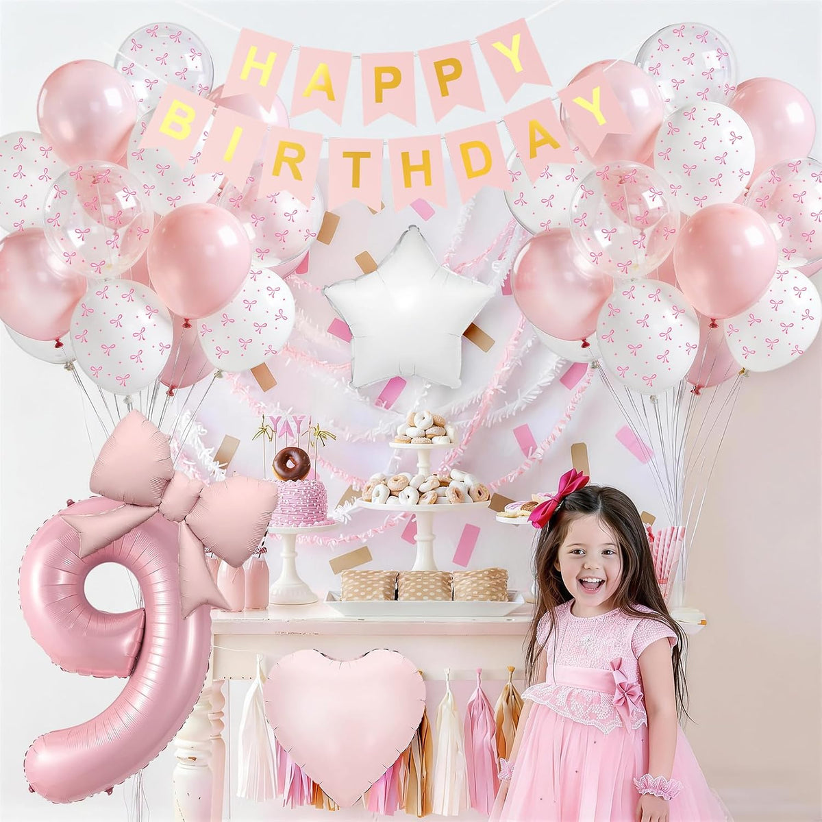 1st Pink Bow Birthday Decorations for Girls,Pink White Bow Latex Balloons