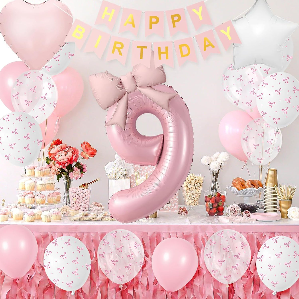 1st Pink Bow Birthday Decorations for Girls,Pink White Bow Latex Balloons