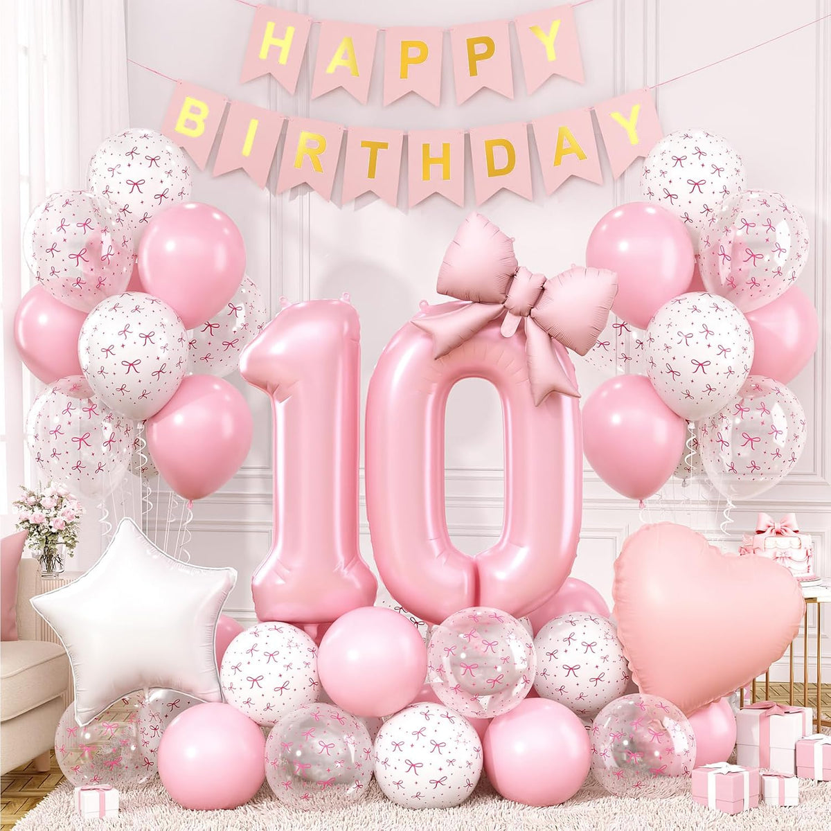 1st Pink Bow Birthday Decorations for Girls,Pink White Bow Latex Balloons