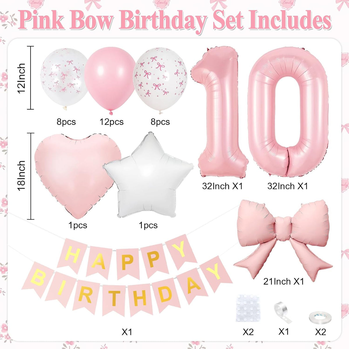 1st Pink Bow Birthday Decorations for Girls,Pink White Bow Latex Balloons