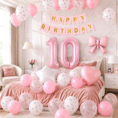1st Pink Bow Birthday Decorations for Girls,Pink White Bow Latex Balloons