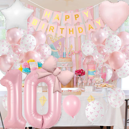 1st Pink Bow Birthday Decorations for Girls,Pink White Bow Latex Balloons
