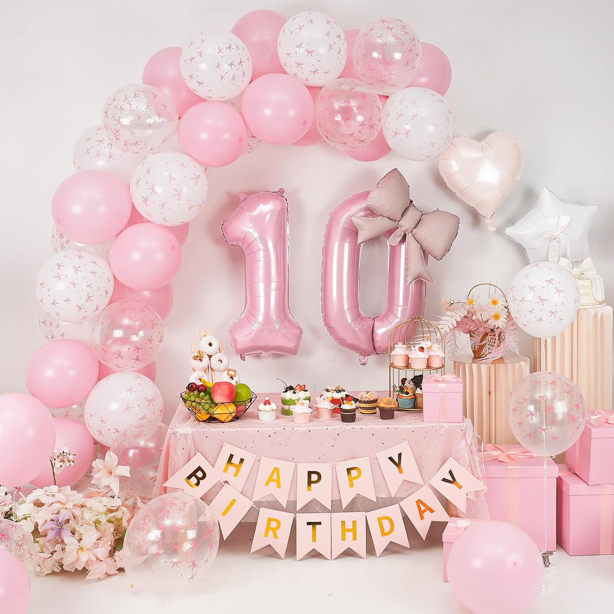 1st Pink Bow Birthday Decorations for Girls,Pink White Bow Latex Balloons