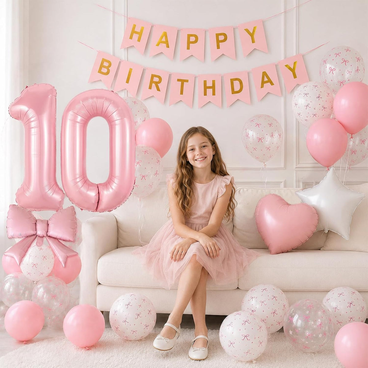 1st Pink Bow Birthday Decorations for Girls,Pink White Bow Latex Balloons