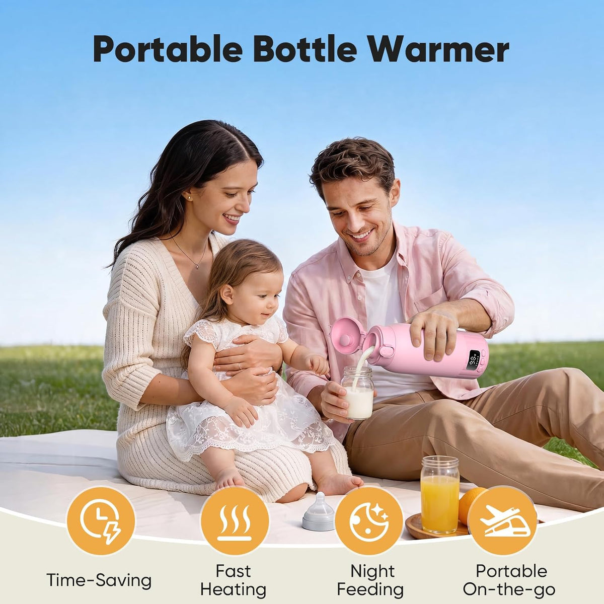 Portable Bottle Warmer for Travel, Fast Heating Milk Warmer On The Go, 17 OZ Water Warmer for Milk, Formula, Water, Temp Control 98°F -131°F, Baby Essentials for Outdoor Airplane Car Journey, Pink