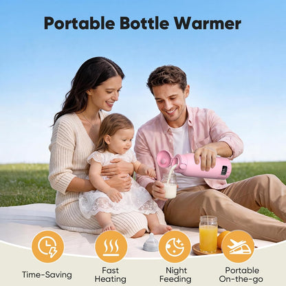 Portable Bottle Warmer for Travel, Fast Heating Milk Warmer On The Go, 17 OZ Water Warmer for Milk, Formula, Water, Temp Control 98°F -131°F, Baby Essentials for Outdoor Airplane Car Journey, Pink