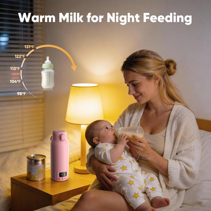 Portable Bottle Warmer for Travel, Fast Heating Milk Warmer On The Go, 17 OZ Water Warmer for Milk, Formula, Water, Temp Control 98°F -131°F, Baby Essentials for Outdoor Airplane Car Journey, Pink