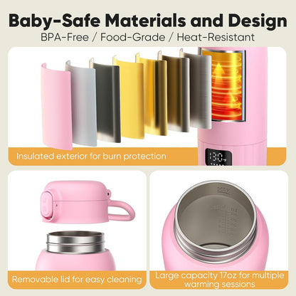 Portable Bottle Warmer for Travel, Fast Heating Milk Warmer On The Go, 17 OZ Water Warmer for Milk, Formula, Water, Temp Control 98°F -131°F, Baby Essentials for Outdoor Airplane Car Journey, Pink