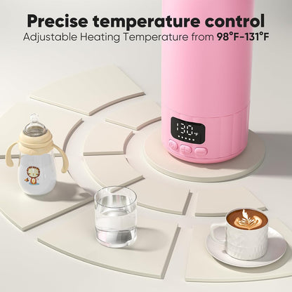 Portable Bottle Warmer for Travel, Fast Heating Milk Warmer On The Go, 17 OZ Water Warmer for Milk, Formula, Water, Temp Control 98°F -131°F, Baby Essentials for Outdoor Airplane Car Journey, Pink