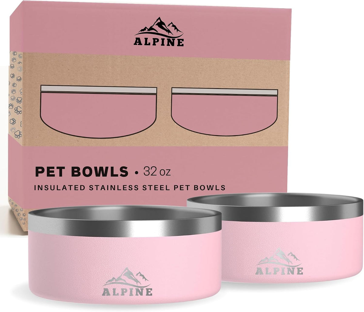 Set of 2 Stainless Steel Dog Bowls, Non Slip, Metal Pet Bowl for Food and Water, Double Walled Insulated, Rustproof, Dishwasher Safe- 32 Ounces- Pink (AB)