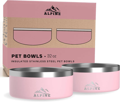 Set of 2 Stainless Steel Dog Bowls, Non Slip, Metal Pet Bowl for Food and Water, Double Walled Insulated, Rustproof, Dishwasher Safe- 32 Ounces- Pink (AB)