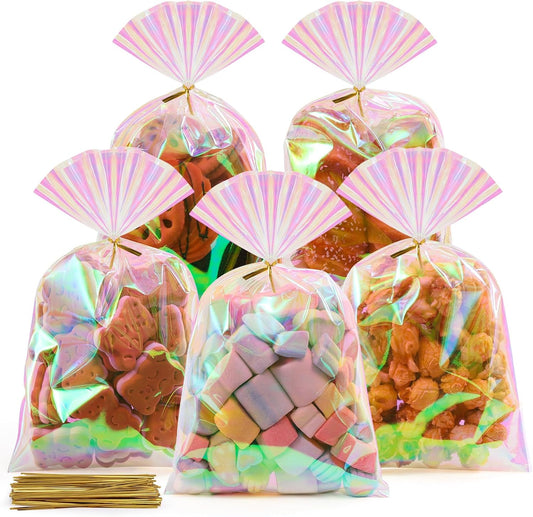 Cellophane Bags, 100 Pcs 6x10 Inches Clear Treat Bags with Ties Plastic Gift Bag Holographic Iridescent Pink Goodie Bag for Party Favors Wedding Candy Valentine Snack Popcorn Cookies Packing