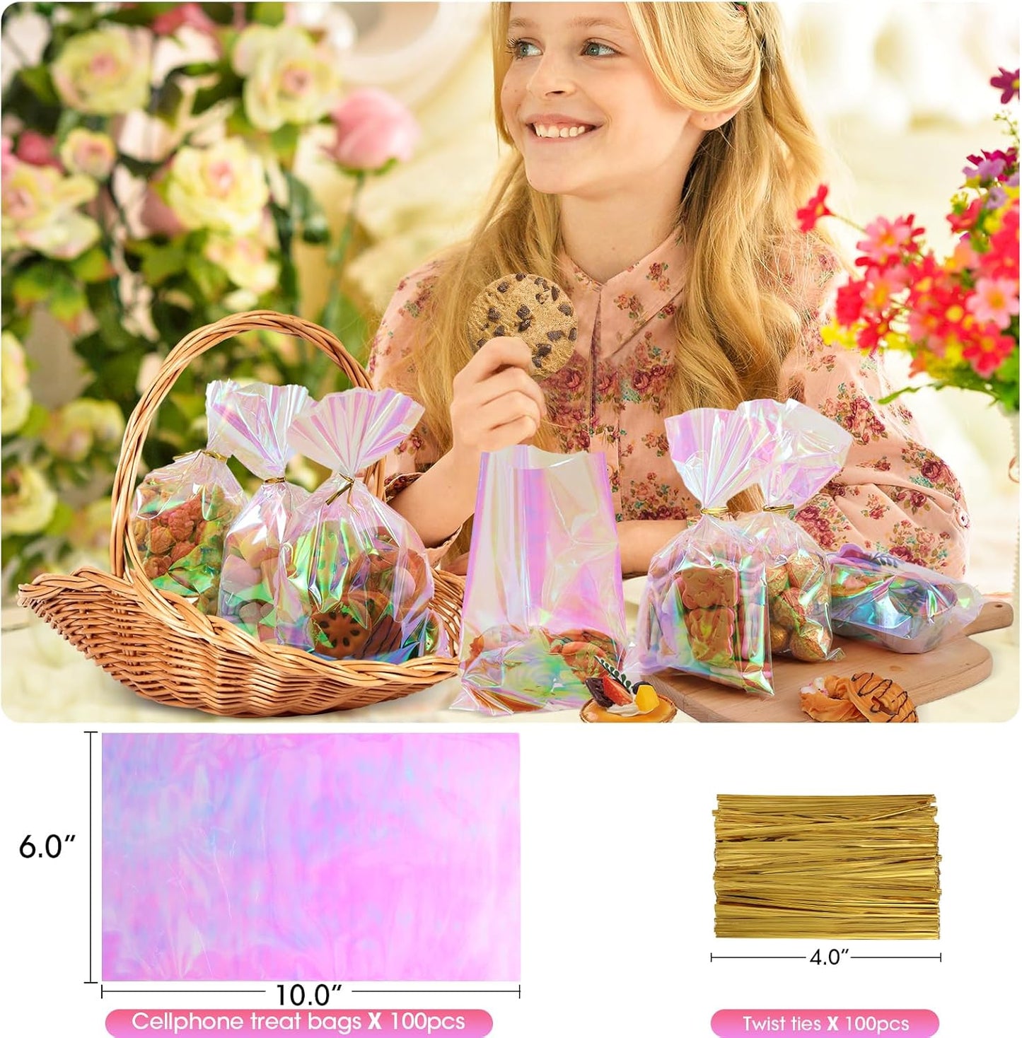 Cellophane Bags, 100 Pcs 6x10 Inches Clear Treat Bags with Ties Plastic Gift Bag Holographic Iridescent Pink Goodie Bag for Party Favors Wedding Candy Valentine Snack Popcorn Cookies Packing