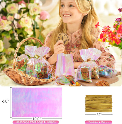Cellophane Bags, 100 Pcs 6x10 Inches Clear Treat Bags with Ties Plastic Gift Bag Holographic Iridescent Pink Goodie Bag for Party Favors Wedding Candy Valentine Snack Popcorn Cookies Packing