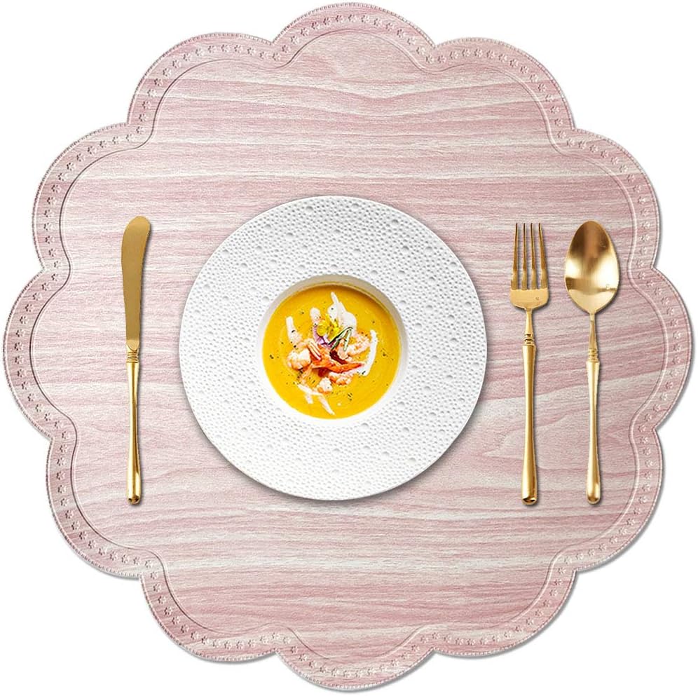Round Waterproof Placemats for Dining Table Set of 6,Modern PU Washable Table Mats Non-Slip Easy to Clean for Home Kitchen Decor (Shell Pink)