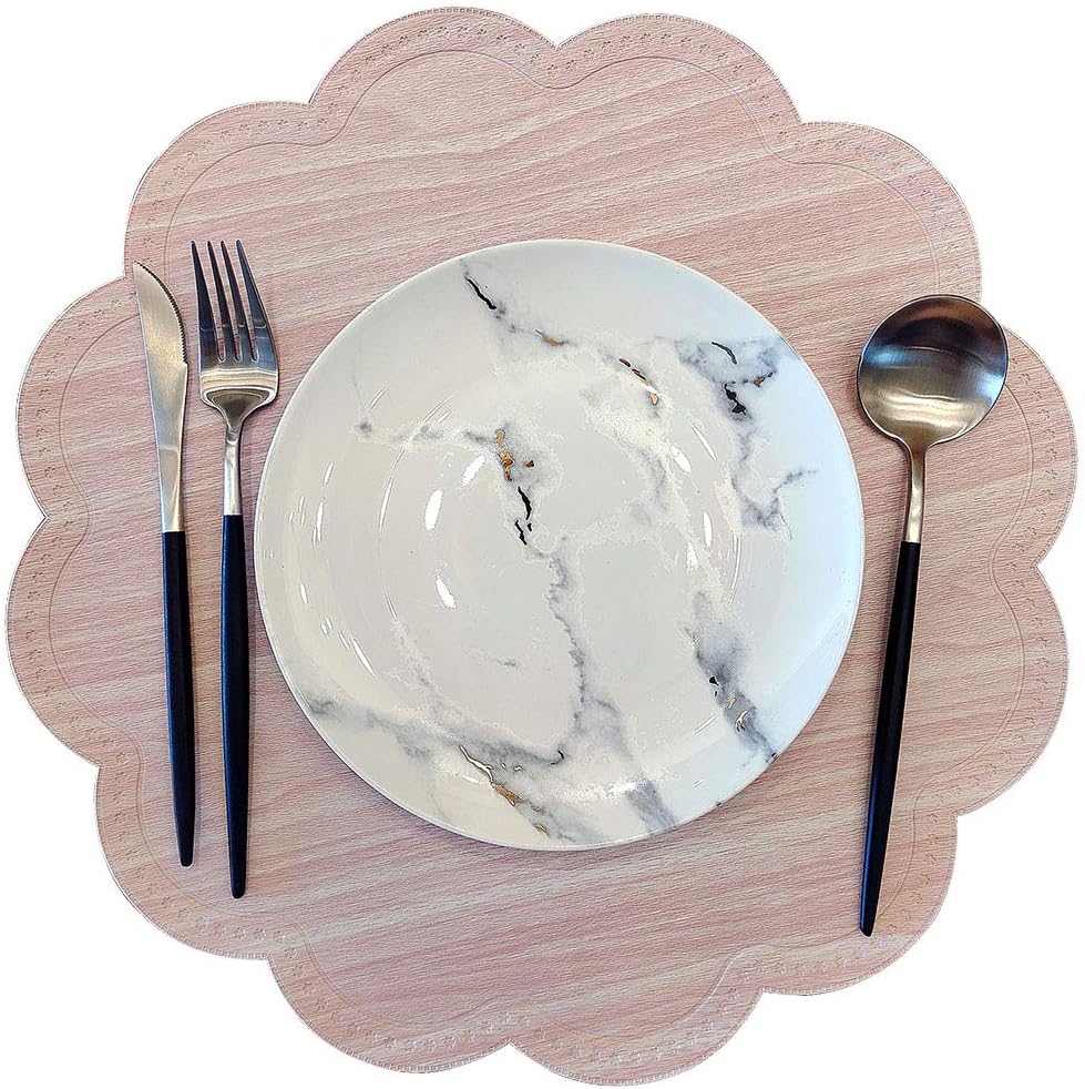 Round Waterproof Placemats for Dining Table Set of 6,Modern PU Washable Table Mats Non-Slip Easy to Clean for Home Kitchen Decor (Shell Pink)
