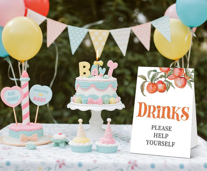Peach Baby Shower Tabletop Sign, Drinks Please Help Yourself, Include One 8×11 Sign with holder, Sweet Peach Gender Reveal Party Decoration Supplies - FL52