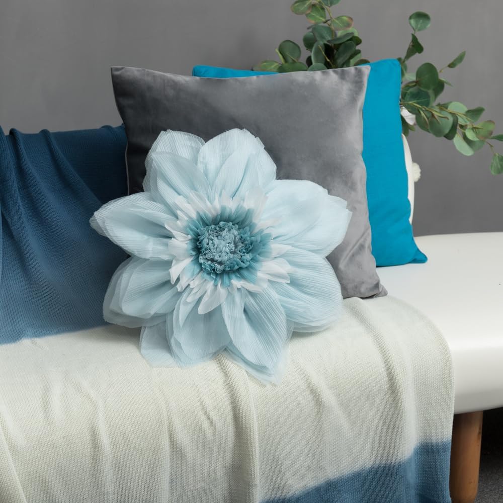 Blue 3D Flower Round Throw Pillow Handmade Floral Accent Cushion, Cute Small Decorative Pillows with Insert for Bed Sofa Couch Chair Living Room Boho Farmhouse Home Decor 12inch