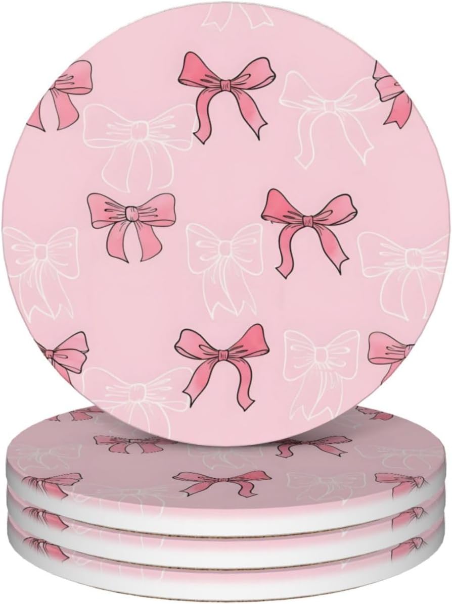 Pink Bow Coasters for Drinks, Absorbent Set of 4 Ceramic Cork Base Coasters Set Decorative 4.1"", 123654