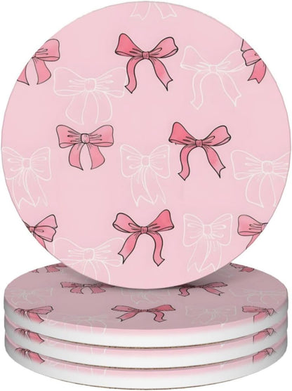 Pink Bow Coasters for Drinks, Absorbent Set of 4 Ceramic Cork Base Coasters Set Decorative 4.1"", 123654