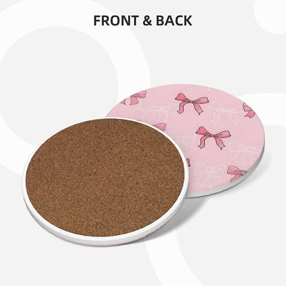 Pink Bow Coasters for Drinks, Absorbent Set of 4 Ceramic Cork Base Coasters Set Decorative 4.1"", 123654