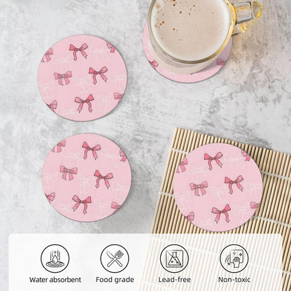 Pink Bow Coasters for Drinks, Absorbent Set of 4 Ceramic Cork Base Coasters Set Decorative 4.1"", 123654