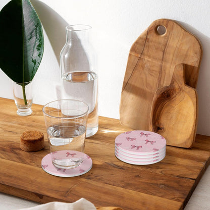 Pink Bow Coasters for Drinks, Absorbent Set of 4 Ceramic Cork Base Coasters Set Decorative 4.1"", 123654