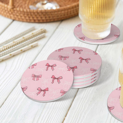 Pink Bow Coasters for Drinks, Absorbent Set of 4 Ceramic Cork Base Coasters Set Decorative 4.1"", 123654