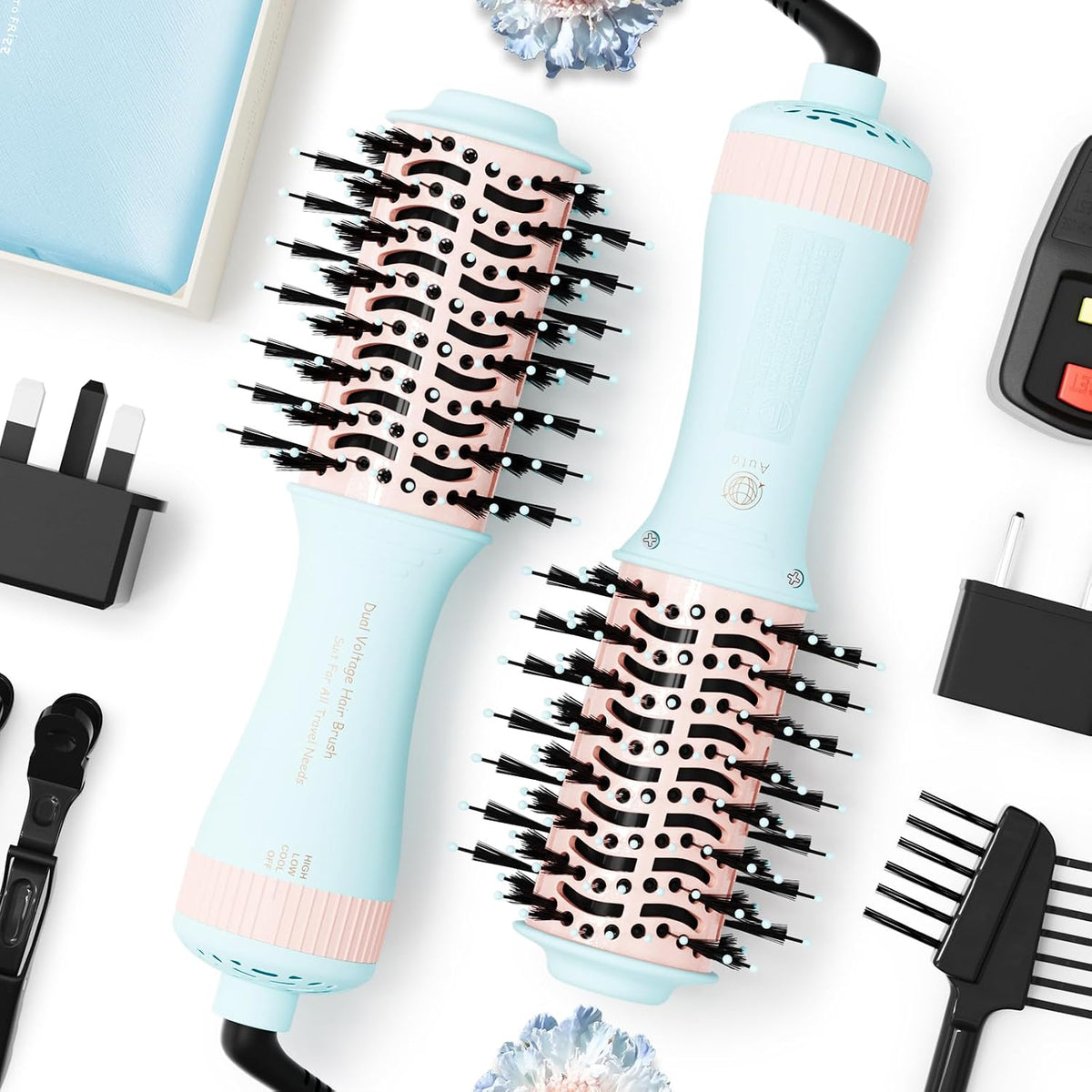 Travel Dual Voltage Hair Dryer Brush 4-in-1 Portable Mini Hot Air Blow Dryer Straightener & Curler Brush, Titanium Round Blowout Styler Volumizer Tools, 110/240V US/EU/UK -Baby Blue & Light Pink