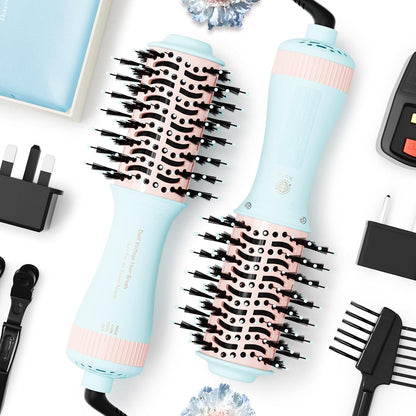 Travel Dual Voltage Hair Dryer Brush 4-in-1 Portable Mini Hot Air Blow Dryer Straightener & Curler Brush, Titanium Round Blowout Styler Volumizer Tools, 110/240V US/EU/UK -Baby Blue & Light Pink