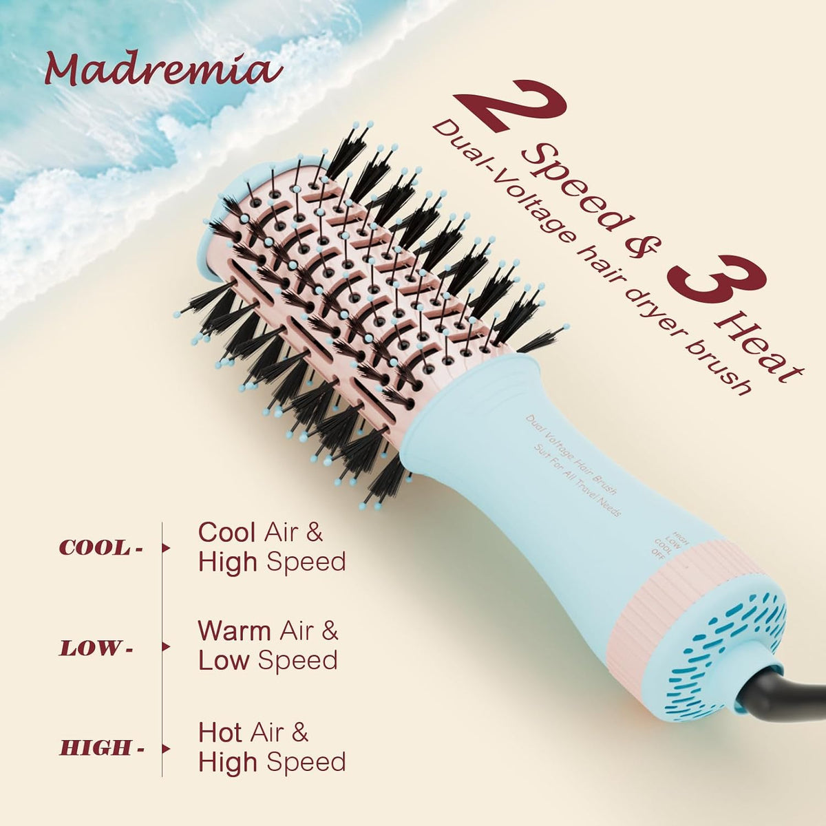 Travel Dual Voltage Hair Dryer Brush 4-in-1 Portable Mini Hot Air Blow Dryer Straightener & Curler Brush, Titanium Round Blowout Styler Volumizer Tools, 110/240V US/EU/UK -Baby Blue & Light Pink