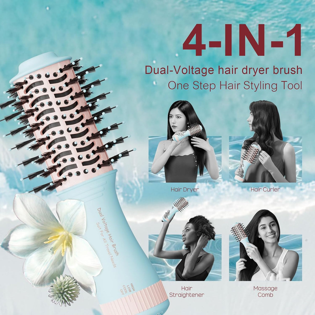 Travel Dual Voltage Hair Dryer Brush 4-in-1 Portable Mini Hot Air Blow Dryer Straightener & Curler Brush, Titanium Round Blowout Styler Volumizer Tools, 110/240V US/EU/UK -Baby Blue & Light Pink