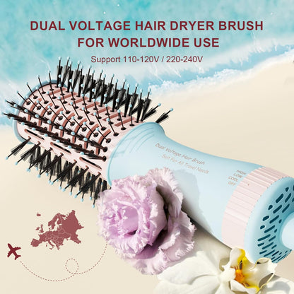 Travel Dual Voltage Hair Dryer Brush 4-in-1 Portable Mini Hot Air Blow Dryer Straightener & Curler Brush, Titanium Round Blowout Styler Volumizer Tools, 110/240V US/EU/UK -Baby Blue & Light Pink