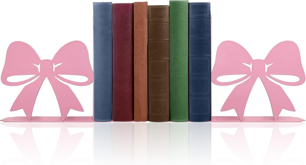 Bow Decor Metal Bookends - Novelty & Cute Bookends for Shelves, Unique and Decorative Book Ends（Pink）