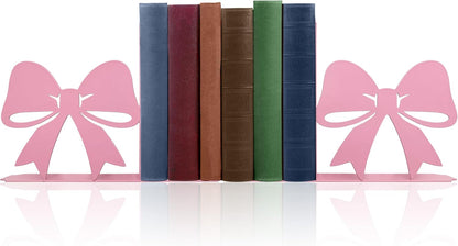 Bow Decor Metal Bookends - Novelty & Cute Bookends for Shelves, Unique and Decorative Book Ends（Pink）