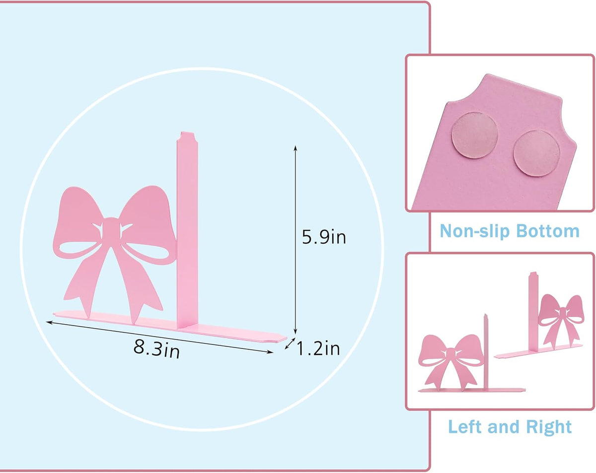 Bow Decor Metal Bookends - Novelty & Cute Bookends for Shelves, Unique and Decorative Book Ends（Pink）