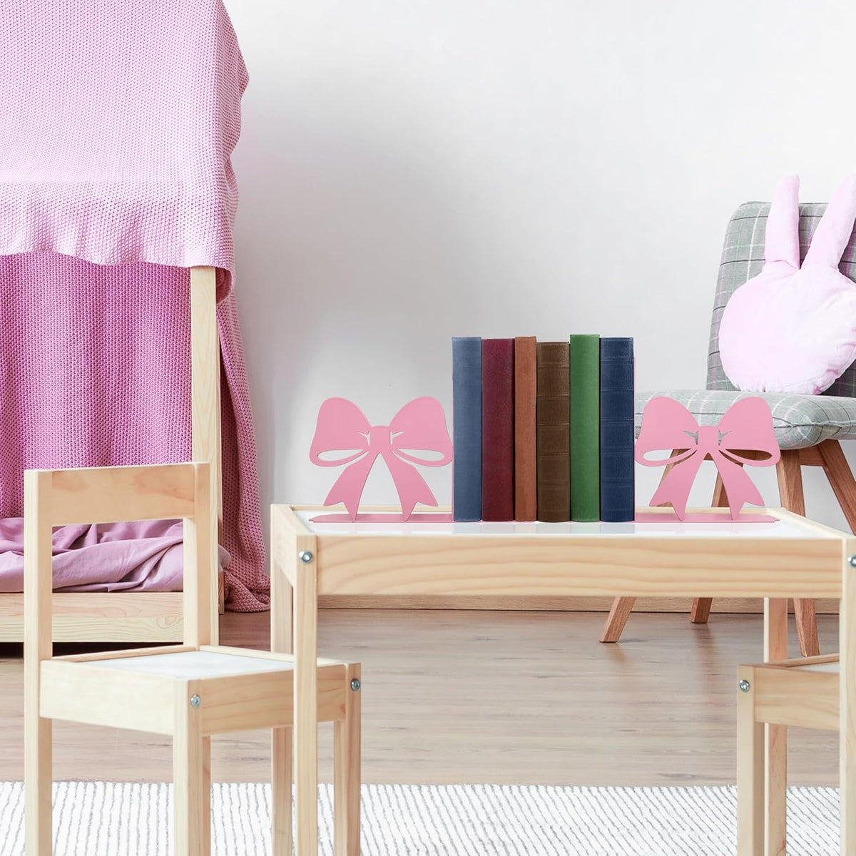 Bow Decor Metal Bookends - Novelty & Cute Bookends for Shelves, Unique and Decorative Book Ends（Pink）