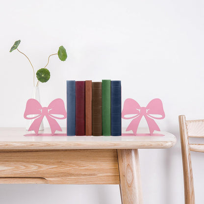 Bow Decor Metal Bookends - Novelty & Cute Bookends for Shelves, Unique and Decorative Book Ends（Pink）