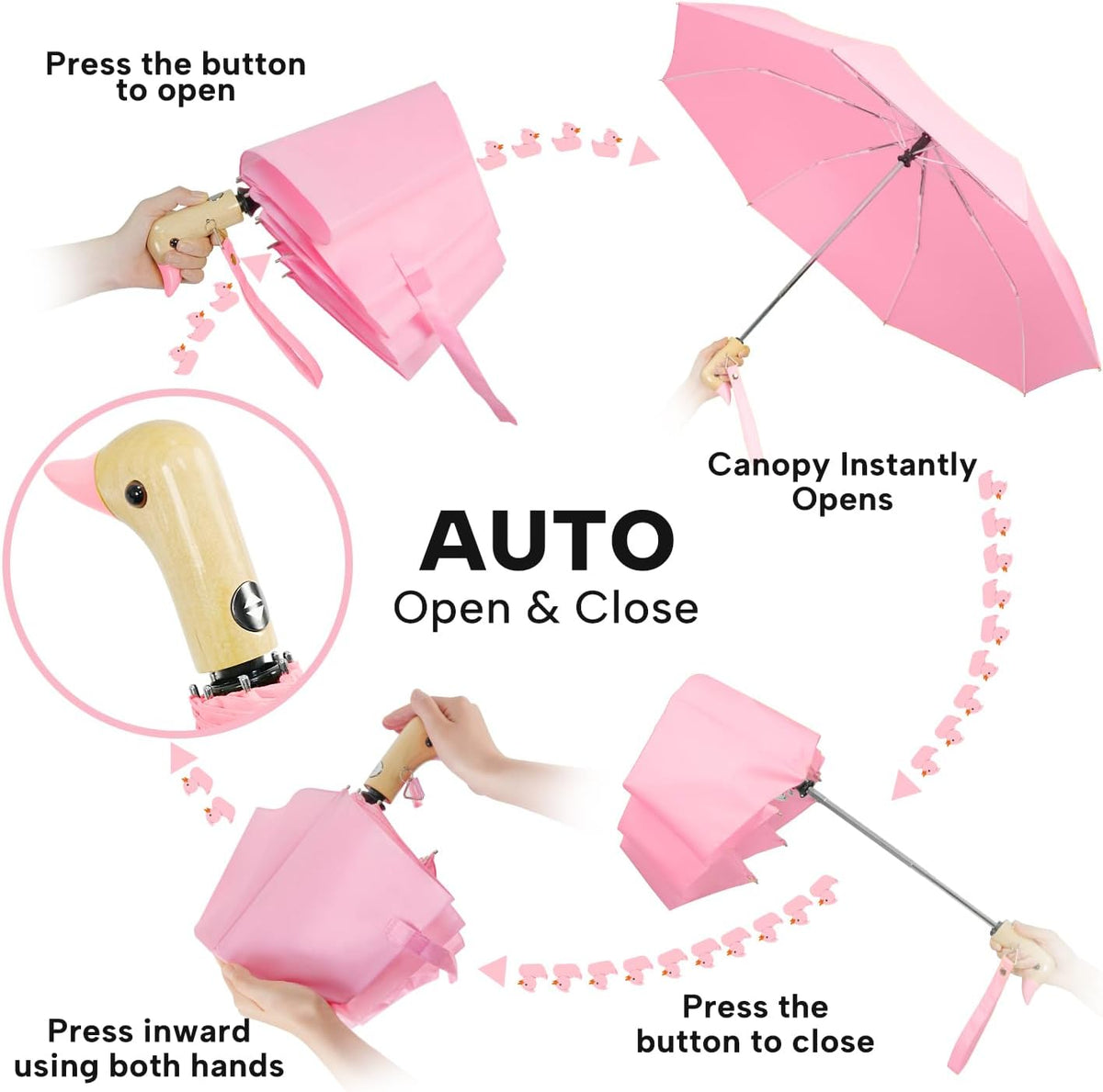 Cute Duck Umbrella Automatic, Compact Collapsible Travel for Adults & Kids