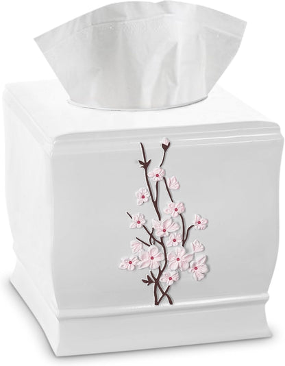 Vanda Cherry Blossom White Square Resin Tissue Box Cover with Bottom Slider
