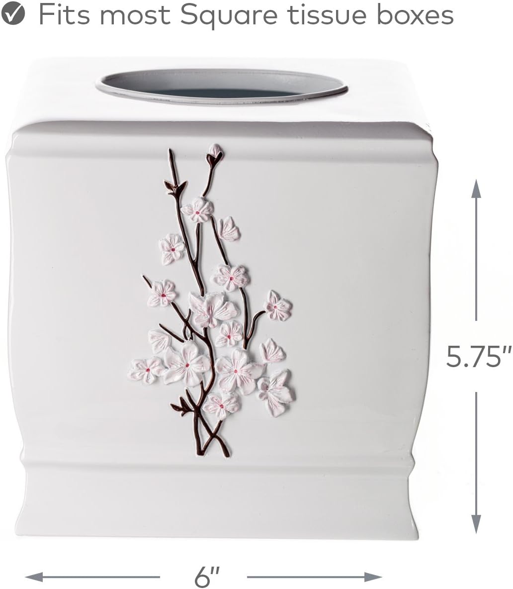 Vanda Cherry Blossom White Square Resin Tissue Box Cover with Bottom Slider