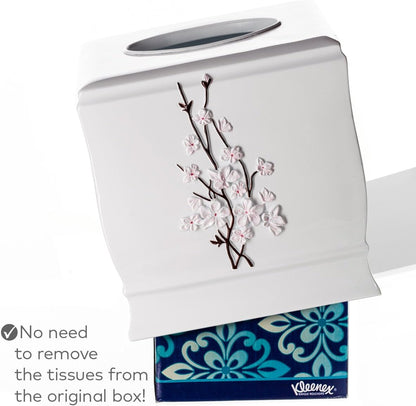 Vanda Cherry Blossom White Square Resin Tissue Box Cover with Bottom Slider