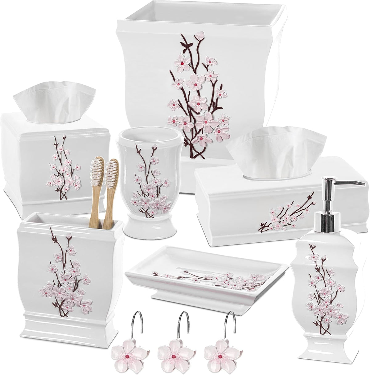 Vanda Cherry Blossom White Square Resin Tissue Box Cover with Bottom Slider