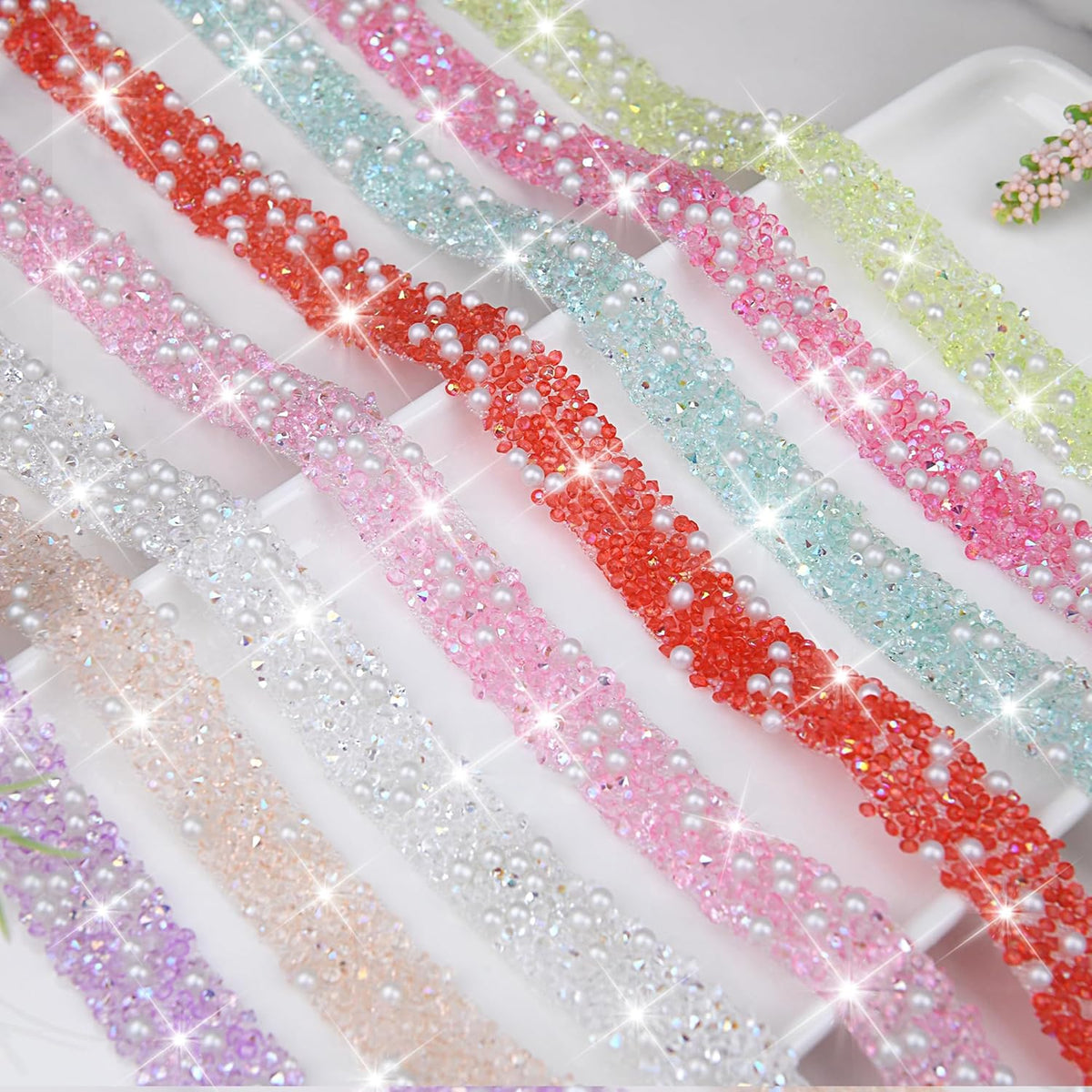 Self Adhesive Rhinestone Tape, 5 Rolls 5 Yards Bling Peach Crystal Ribbon, 0.47 Inch Wide Vibrant Rhinestone Strips for DIY Gifts & Home Decor