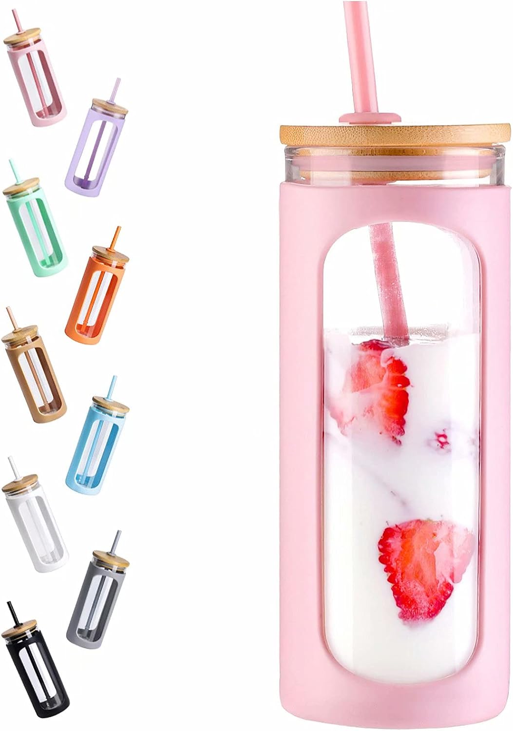 20oz Glass Water Tumbler with Straw and Lid, Bamboo Lids Water Bottle, Iced Coffee Cup Reusable, Wide Mouth Smoothie Cups with Protective Silicone Sleeve BPA FREE-Pink